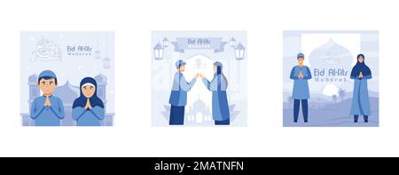 Felice eid mubarak o ramadan saluto con persone carattere, modello per web landing page, banner, presentazione, social, poster, annuncio, promozione o pri Illustrazione Vettoriale