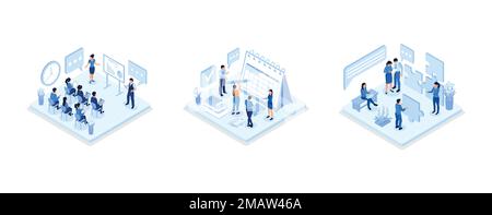 Business training o corsi concetto, pianificazione e calendario, lavoro di squadra successo con puzzle, vettore isometrico moderna illustrazione Illustrazione Vettoriale
