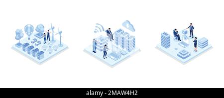 Moderno Green City Center con case private, pannelli di energia solare, mulini a vento e auto elettriche, monitoraggio dei caratteri Big Data Storage collegato con C Illustrazione Vettoriale