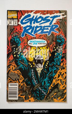 Calgary, Alberta - 14 gennaio 2023: Copertina di un fumetto vintage di Ghost Rider della Marvel Comics. Foto Stock