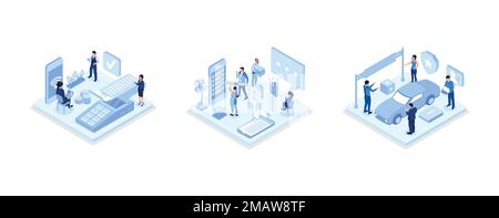 Metodo di pagamento wireless e senza contatto, matita con personaggi e segno di spunta sulla lista di controllo sullo smartphone, uomo personaggio in piedi nea Illustrazione Vettoriale