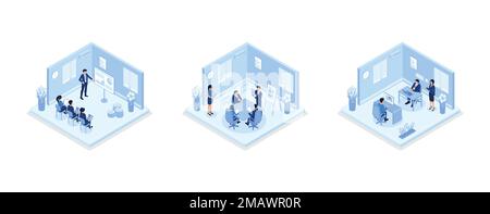 Set di illustrazioni per gli uomini d'affari. Personaggi che lavorano in ufficio. Persone che parlano con colleghi e clienti, programmando strategie finanziarie e intervie Illustrazione Vettoriale