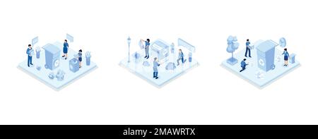 Set di illustrazioni per la sostenibilità. Personaggi che riducono gli sprechi alimentari, comprano abiti riutilizzati, riciclano bottiglie di plastica. Ridurre, riutilizzare, riciclare e zero era Illustrazione Vettoriale