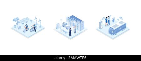 Set di illustrazioni per il trasporto sostenibile. Veicolo elettrico privato vicino alla stazione di ricarica, bicicletta elettrica e mezzi pubblici nella città moderna. Ecocompatibile Illustrazione Vettoriale