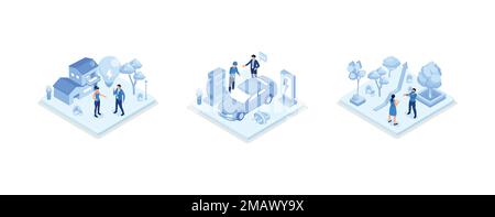 Set di illustrazioni risparmio energia verde. Personaggi che mostrano i benefici eco-privati casa, auto elettrica e circolare verde economia. Concetto di energia rinnovabile, set i Illustrazione Vettoriale