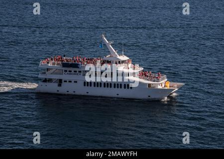 I tour in barca portano i visitatori a vedere i famosi siti come Land's End e la spiaggia degli amanti, nonché a guardare le megattere comuni nei mesi invernali Foto Stock