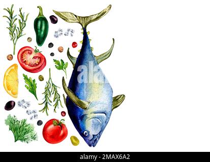 Tavola di tonno ed erbe acquerello illustrazione isolata su bianco. Pesce fresco selvatico, spezie, limone, pomodori, olive, chili, aneto disegnato a mano. Design el Foto Stock