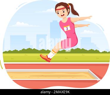 Long Jump Illustration con i bambini che fanno salti in sabbia Pit per banner Web o Landing Page in Campionato sportivo Flat Cartoon modelli disegnati a mano Illustrazione Vettoriale