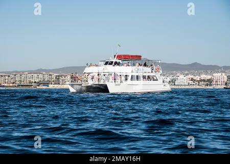 I tour in barca portano i visitatori a vedere i famosi siti come Land's End e la spiaggia degli amanti, nonché a guardare le megattere comuni nei mesi invernali Foto Stock