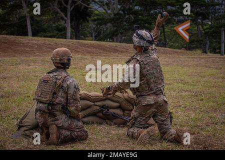 Jacob Byrd, un musicista assegnato agli Stati Uniti Army Japan, di stanza a Camp Zama, in Giappone, lancia una granata simulata il 8 giugno presso la Schofield Barracks, Hawaii, in occasione dell'evento di marktship basato su scenari di armi multiple durante la competizione Best Warrior dell'USARPAC del 2022. USARPAC BWC 2022 è una competizione annuale di una settimana composta da concorrenti di più unità USARPAC in tutto il territorio dell'Indo-Pacifico. Gli ufficiali non commissionati e i soldati giovani arruolati sono valutati in diverse categorie, come la conoscenza militare generale, le abilità di base del soldato e la forma fisica. Foto Stock