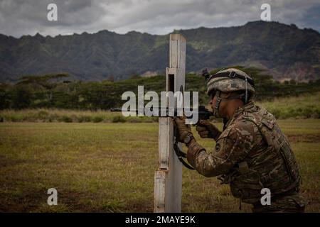 Jacob Byrd, un musicista assegnato agli Stati Uniti Army Japan si è schierato a Camp Zama, Giappone, posizioni contro un consiglio di amministrazione in posizione eretta sostenuta il 8 giugno presso la Schofield Barracks, Hawaii, durante l'evento di marktship basato su scenari di armi multiple durante il Concorso migliore guerriero dell'USARPAC del 2022. USARPAC BWC 2022 è una competizione annuale di una settimana composta da concorrenti di più unità USARPAC in tutto il territorio dell'Indo-Pacifico. Gli ufficiali non commissionati e i soldati giovani arruolati sono valutati in diverse categorie, come la conoscenza militare generale, le abilità di base del soldato e la forma fisica. Foto Stock