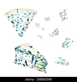 Blue Sheese come Gorgonzola, Roquefort set. Acquerello cibo illustrazione isolato su bianco Foto Stock