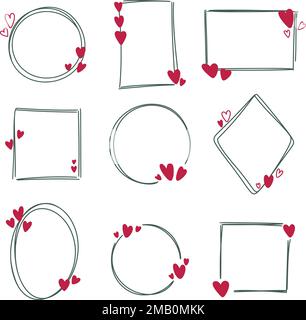Cornici disegnate a mano con cuori Set Flat isolato illustrazione Illustrazione Vettoriale
