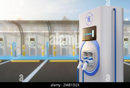 stazione di ricarica dell'idrogeno EV con rendering 3D o stazione di ricarica del veicolo elettrico per l'energia verde Foto Stock