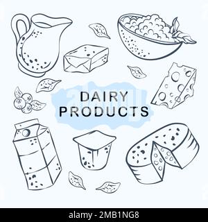 illustrazione del vettore di disegno a mano dei prodotti lattiero-caseari Illustrazione Vettoriale