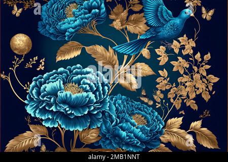 ramificazioni di lamina dorata su sfondo blu. Senza cuciture sullo sfondo scuro di fiori da giardino, peonie, uccelli e farfalle Foto Stock