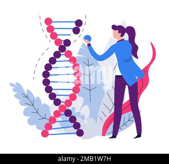 Donna scienziato e genetica scienza DNA esperimenti mutazione vettore uomo e donna codice genetico modello di laboratorio esperimenti molecole spirale biologia Illustrazione Vettoriale