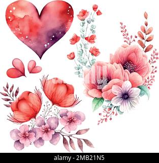 Illustrazioni disegnate a mano per il giorno di San Valentino e le nozze. Cuori diversi, fiori rossi peonie, vaso di cuori, chiave, diamante. Set di romantiche v Illustrazione Vettoriale