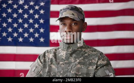 Veterano seduto in sedia a rotelle di fronte a una bandiera americana Foto Stock