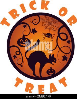 Illustrazione autunnale con la tipografia nera del gatto e del ragno sullo sfondo del gradiente per la decorazione di Halloween Illustrazione Vettoriale