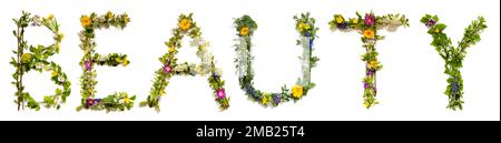 Fioritura lettere di fiore costruzione della parola inglese bellezza Foto Stock