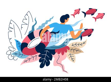 Pesca in mare sport pescatore attrezzatura pesca pesci gregge e lifeboa vettore uomo gonfiabile anello di sicurezza in acqua pescatore e catturare hobby e ricreazione Illustrazione Vettoriale