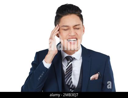 Burnout, stress e uomo d'affari con mal di testa con dolore e sensazione di frustrazione a causa della salute mentale. Depresso il dipendente aziendale e professionale Foto Stock