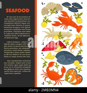 Menu di pesce, pesce e aragosta granchio e gamberi o gamberi Illustrazione Vettoriale