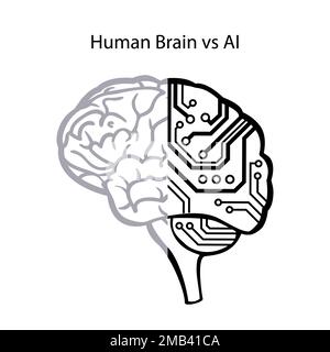 Cervello umano vs intelligenza artificiale. Cervello diviso in due lati per il confronto. Illustrazione Vettoriale