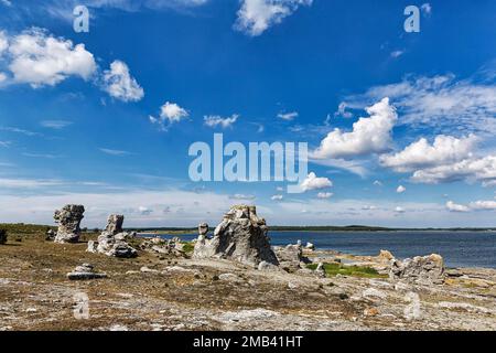 Raukar, colonne calcaree, rocce di calcare della barriera corallina sulla costa, erosione, isola disabitata di Asunden, vicino a Gotland, Mar Baltico, Svezia Foto Stock