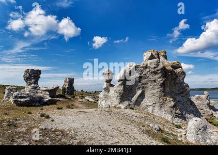 Raukar, colonne calcaree, rocce di calcare della barriera corallina sulla costa, erosione, isola disabitata di Asunden, vicino a Gotland, Mar Baltico, Svezia Foto Stock