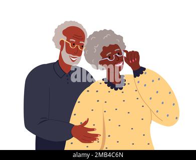 Sorridente coppia del frican anziano felice dell'uomo anziano in pensione, abbraccio della donna e flirting.Happy relationes.Old pelle nera afro americano sposi.Flat Foto Stock