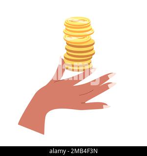 Pila di monete d'oro in fingers.Hand tenendo denaro contante, dollaro oro centesimo.Finanza bonus e benefici, cashback, aiuto, donazione e beneficenza concept.FLA Foto Stock