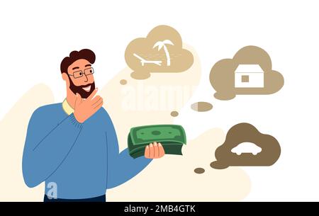 Concetto finanziario di budget planning.Man pensare alla diversificazione, spese di denaro distribuzione.asset allocazione, risparmio, gestione finanziaria.Flat Foto Stock