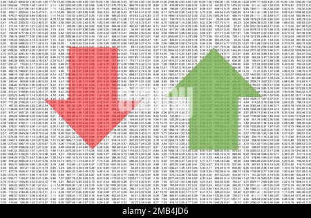 Foglio di calcolo di dati complesso con frecce verdi e rosse come simbolo di una prospettiva economica e commerciale molto incerta Foto Stock