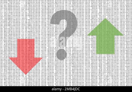 Foglio elettronico di dati complesso con frecce verdi e rosse e un punto interrogativo come simbolo di una prospettiva economica e commerciale molto incerta Foto Stock