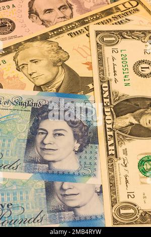 Banconote con ritratti della regina Elisabetta II e ex presidenti degli Stati Uniti, Shot in studio, Quebec, Canada Foto Stock