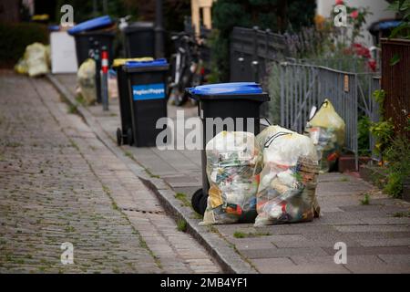 Bidoni blu per carta di scarto e sacchetti gialli per rifiuti di plastica in piedi per strada, separazione dei rifiuti, Germania Foto Stock