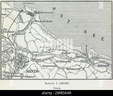 120, 000, distretti, nuovo Giardino, bocca di Vistola, Vistola, mappa, cartografia, linee ferroviarie, entroterra, Mar Baltico, città anseatica, storico Foto Stock