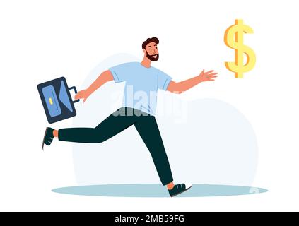 Businessman Chasing Dollar segno cercando di catturare it.Financial successo, opportunità di business, ricchezza Nuova fonte di reddito Ricerca concept.Electronic virtuale Foto Stock