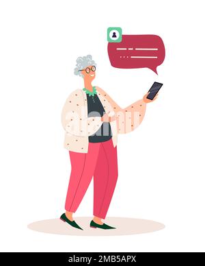 Donna in pensione parla da cellulare Landing Page Template. La donna anziana comunica nei social network. Senior Character Browsing Internet, messaggistica Foto Stock