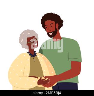 Felice afroamericano scuro pelato figlio adulto che abbraccia vecchia madre amore a vicenda other.Portrait di giovane uomo e la sua nonna.friendly famiglia relationship.CA Foto Stock