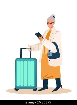 Anziano nonna pensionato con bagaglio Suitcase.Retired Senior Tourist Character andando alla registrazione in aeroporto, anziano persona viaggio all'estero.FLA Foto Stock