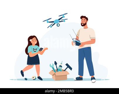 Felice padre Daddy con ragazza figlia giocando con drone volante.Famiglia con robot Quadcopter, Innovation.Computers Tech Landing Page Template.Remote Pi Foto Stock