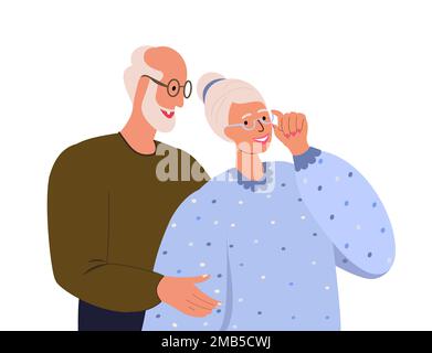 Sorridente coppia anziana di felice anziano pensionato uomo e donna abbracciare a vicenda.Happy Relationsyions.Old coniuge anziano indossando moda abiti eleganti.Flat Foto Stock