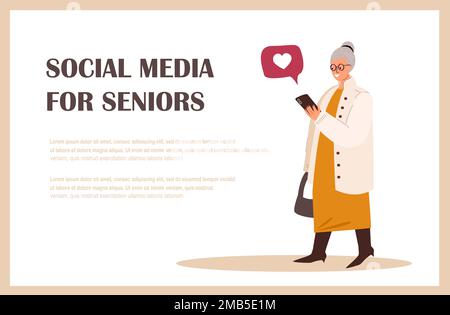 Donna in pensione parla da cellulare Landing Page Template. La donna anziana comunica nei social network. Senior Character Browsing Internet, messaggistica Foto Stock