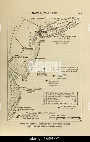 Incursioni dei sottomarini tedeschi sulla navigazione degli Stati Uniti sulla costa atlantica dal libro la storia della grande guerra; la storia completa degli eventi fino ad oggi DIPLOMATICI E DOCUMENTI DI STATO di Reynolds, Francis Joseph, 1867-1937; Churchill, Allen Leon; Miller, Francis Trevelyan, 1877-1959; Wood, Leonard, 1860-1927; Knight, Austin Melvin, 1854-1927; Palmer, Frederick, 1873-1958; Simonds, Frank Herbert, 1878-; Ruhl, Arthur Brown, 1876- Volume VII pubblicato nel 1920 Foto Stock