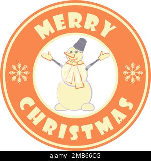 Carino cerchio badge con pupazzo di neve e testo di saluto Merry colore rosso Natale Illustrazione Vettoriale