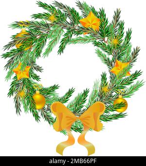 Foto realistica corona di Natale con grande arco d'oro, baubles e stelle decorative Illustrazione Vettoriale