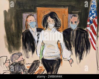 In this courtroom sketch, Ghislaine Maxwell givers her statement in